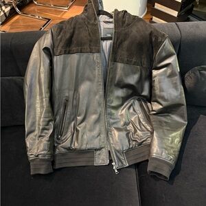 Men’s Vince Leather Hooded Puffer Bomber Jacket - Medium